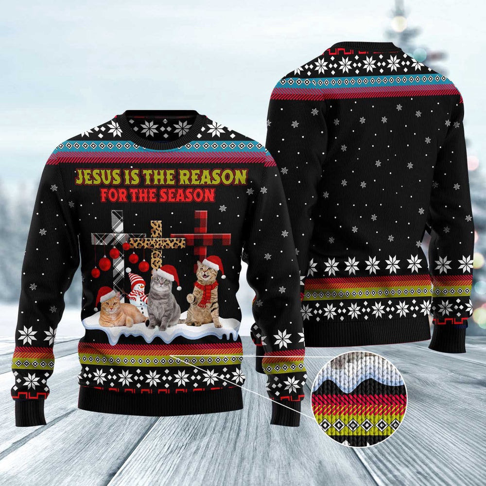 Unisex Ugly Christmas Sweatshirt Jesus Is The Reason For This Christmas Cat Sweater For Pet Lovers