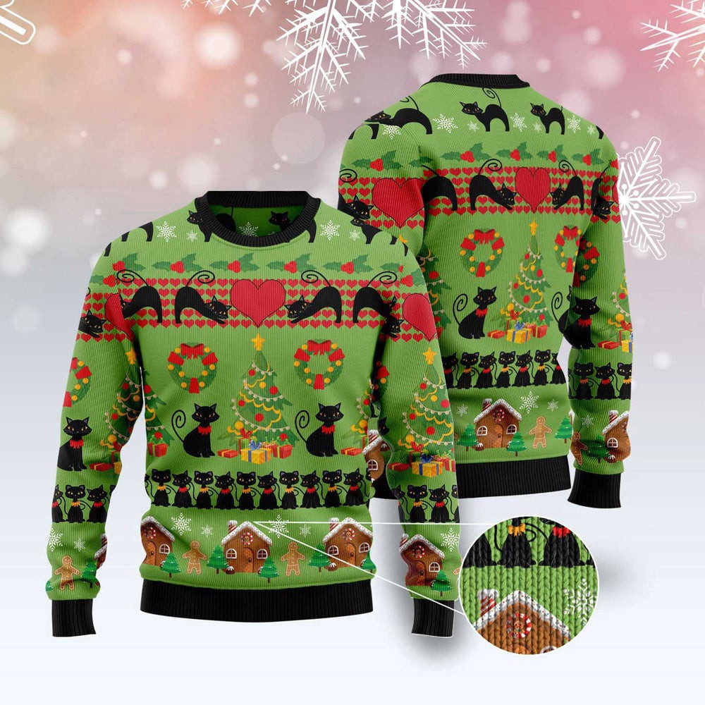 Unisex Ugly Christmas Sweatshirt Love For Black Cat Ugly Christmas Sweater For Pet Lovers