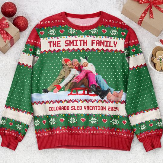 Upload Funny Photo For Family, Friend - Sled Fun Sleigh - Personalized Photo Ugly Sweatshirt - Image 4