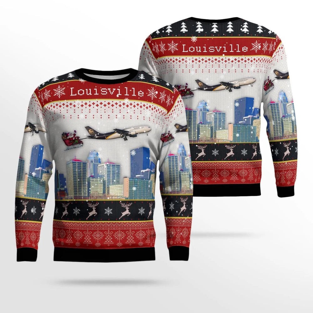 UPS Airbus A00F-6R Santa Over Louisville Christmas AOP Ugly Sweaters Gift For Christmas