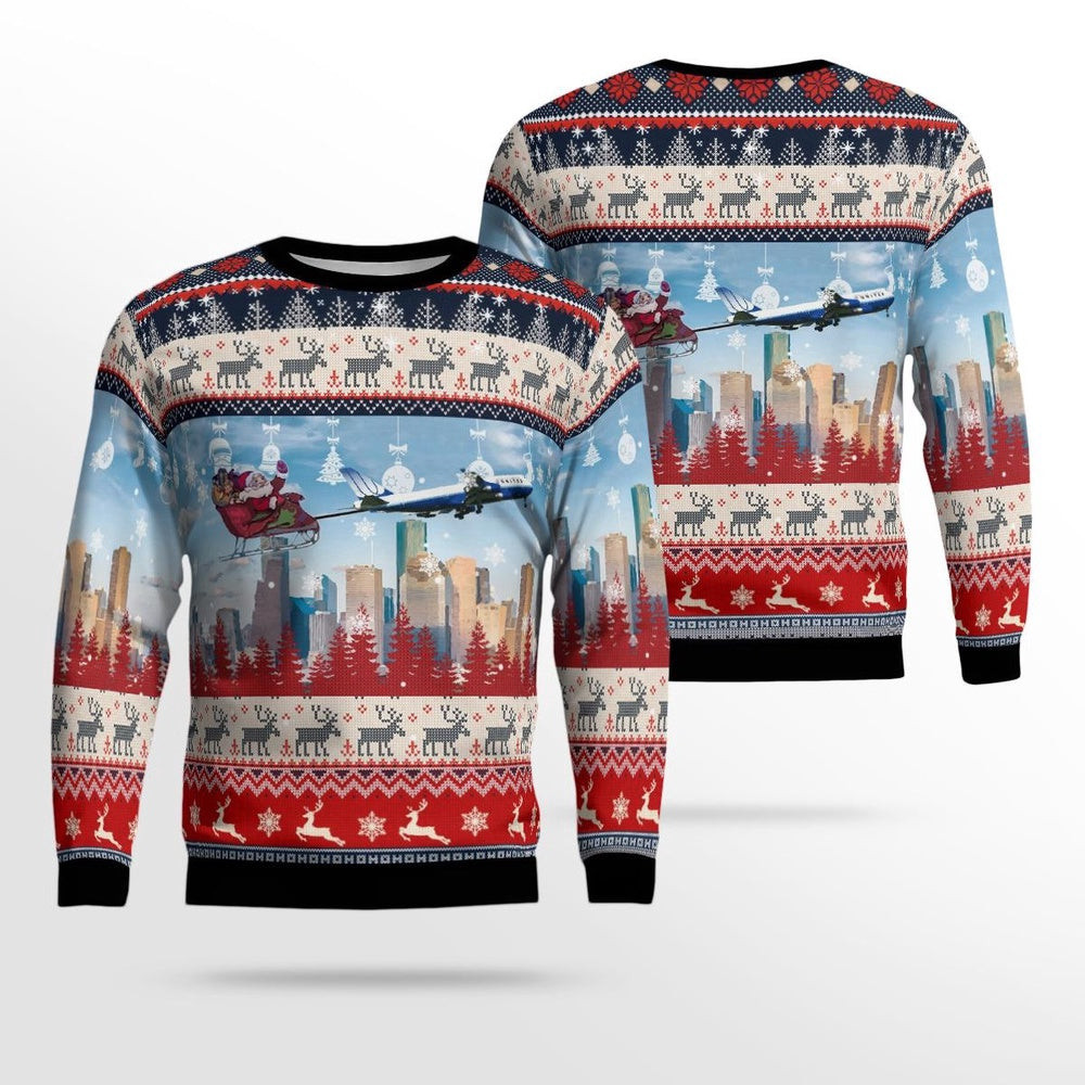 US Airlines Boeing 77- Santa Over Houston Christmas AOP Ugly Sweaters Gift For Christmas