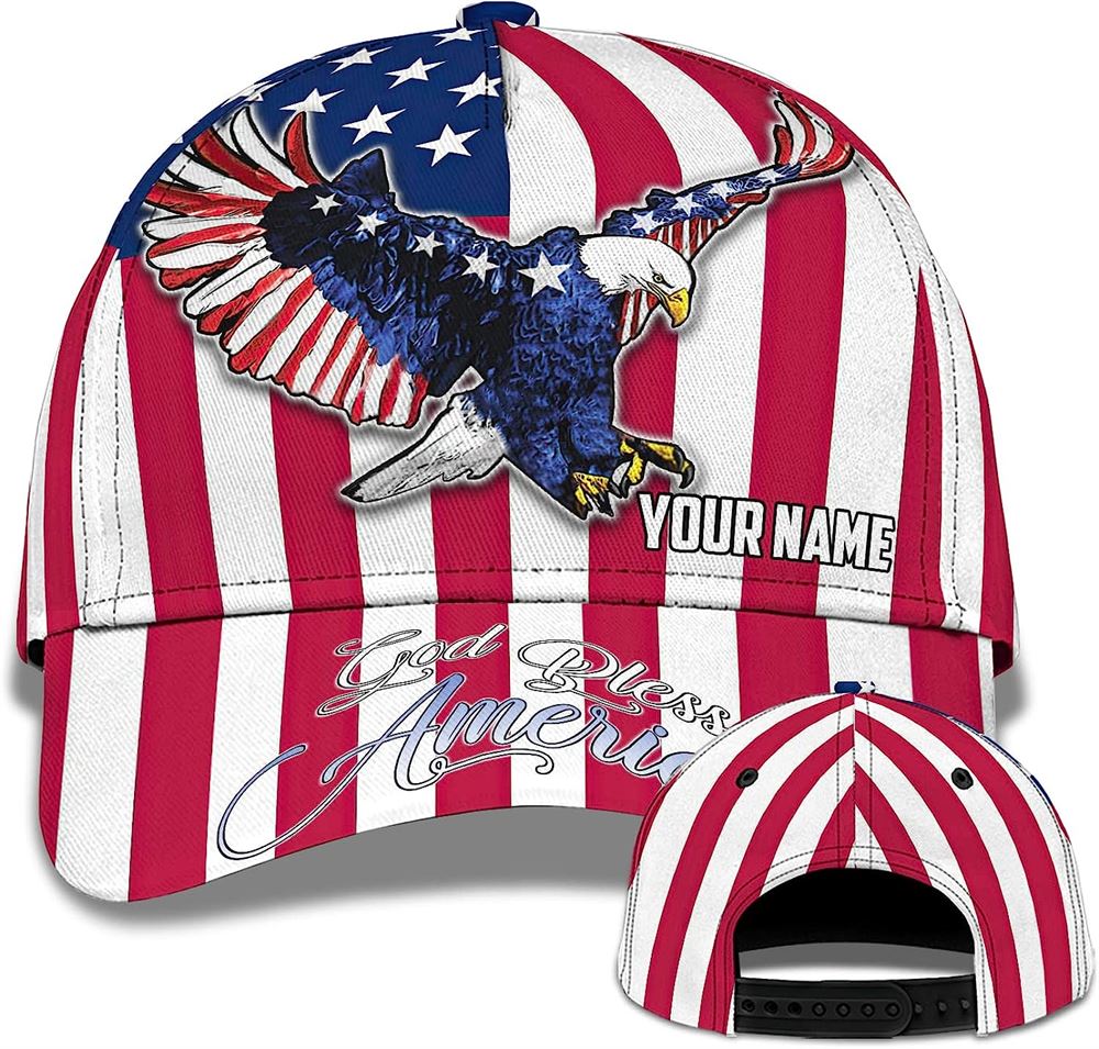 Us Eagle With American Flag God Bless America Custom Name Baseball Cap, Christian, Jesus Hat Trucker Hats Custom Hats Gifts For Men & Women