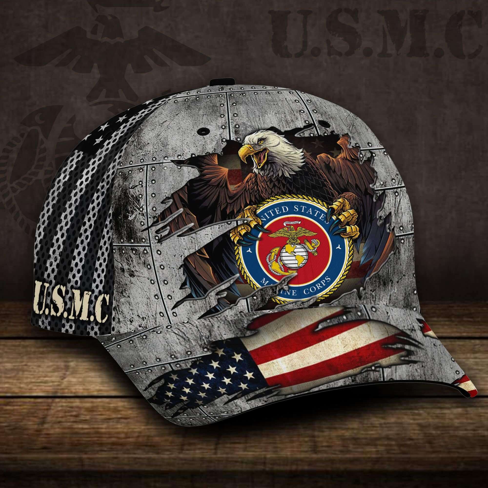 US Marines Baseball Cap USMC Hat Grunge US Flag Eagle Holding USMC Logo US Marines Cap Trucker Hats Custom Hats Gifts For Men & Women