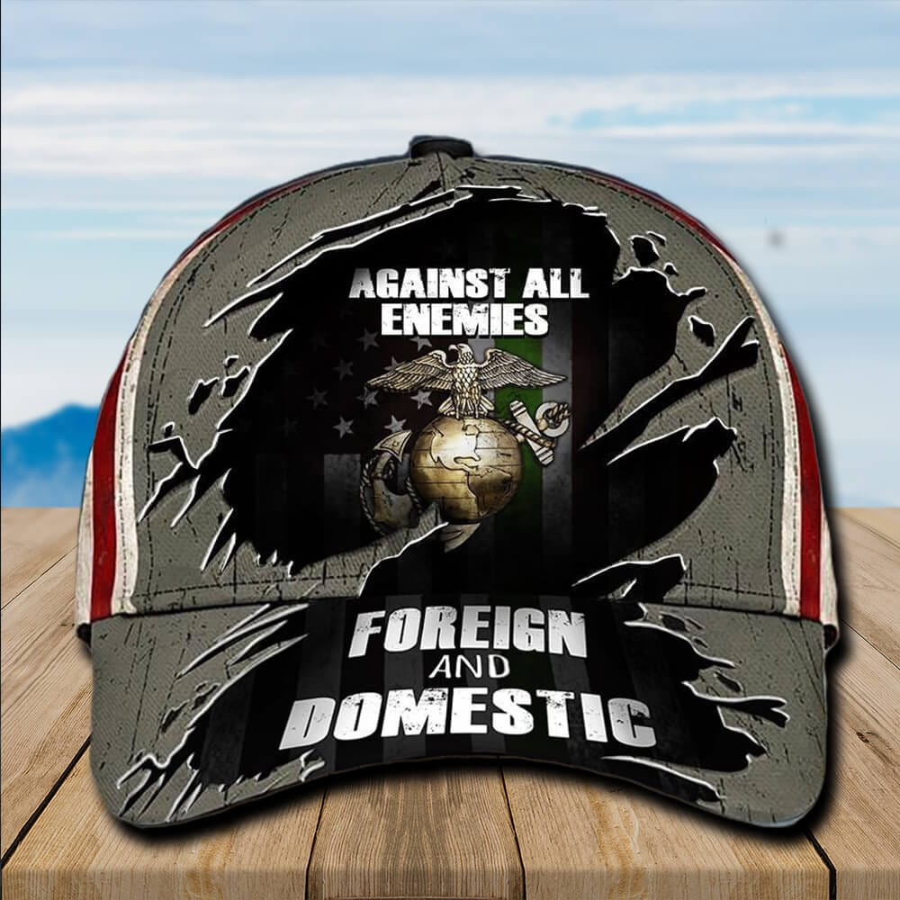 US Marines Baseball Cap USMC Hat Grunge USMC Against All Enemies Foreign And Domestic Marine Corps Veteran Hat Trucker Hats Custom Hats Gifts For Men & Women