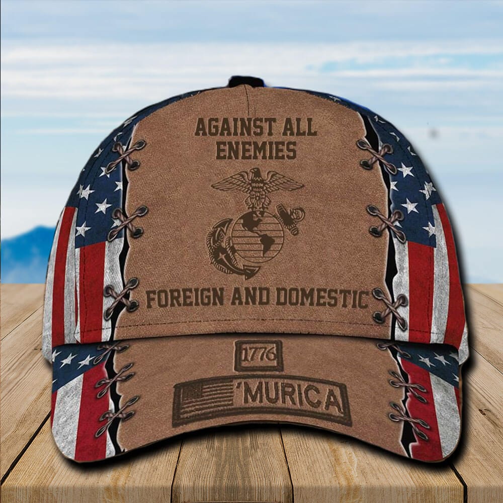 US Marines Baseball Cap USMC Hat Murica 1776 Against All Enemies Foreign And Domestic USMC Trucker Hat Trucker Hats Custom Hats Gifts For Men & Women