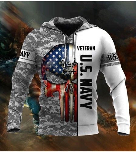 Us Navy Veteran Camorflage American Flag Skull 3D All Over Print Hoodie, Zip Hoodie