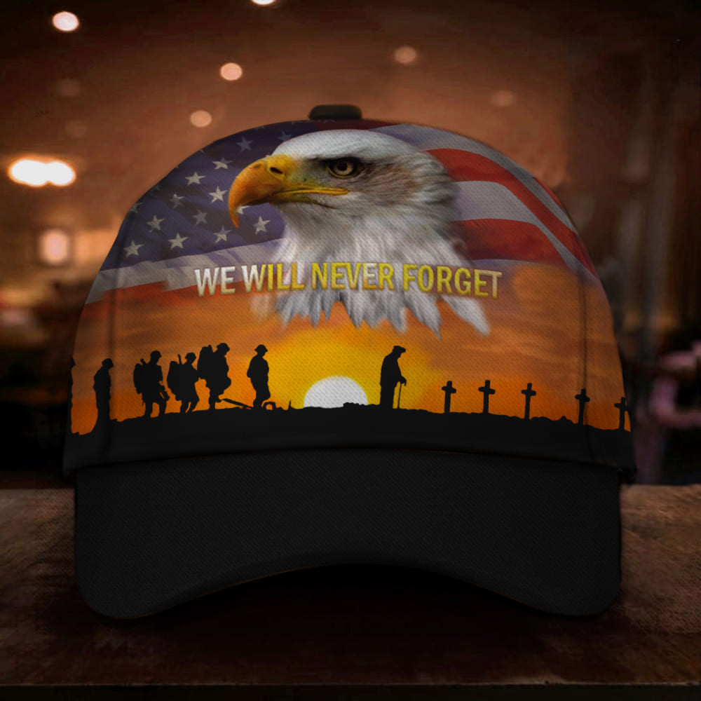 US Veteran Eagle We Will Never Forget Hat Veterans Honoring Memorial Day Gift Trucker Hats Custom Hats Gifts For Men & Women