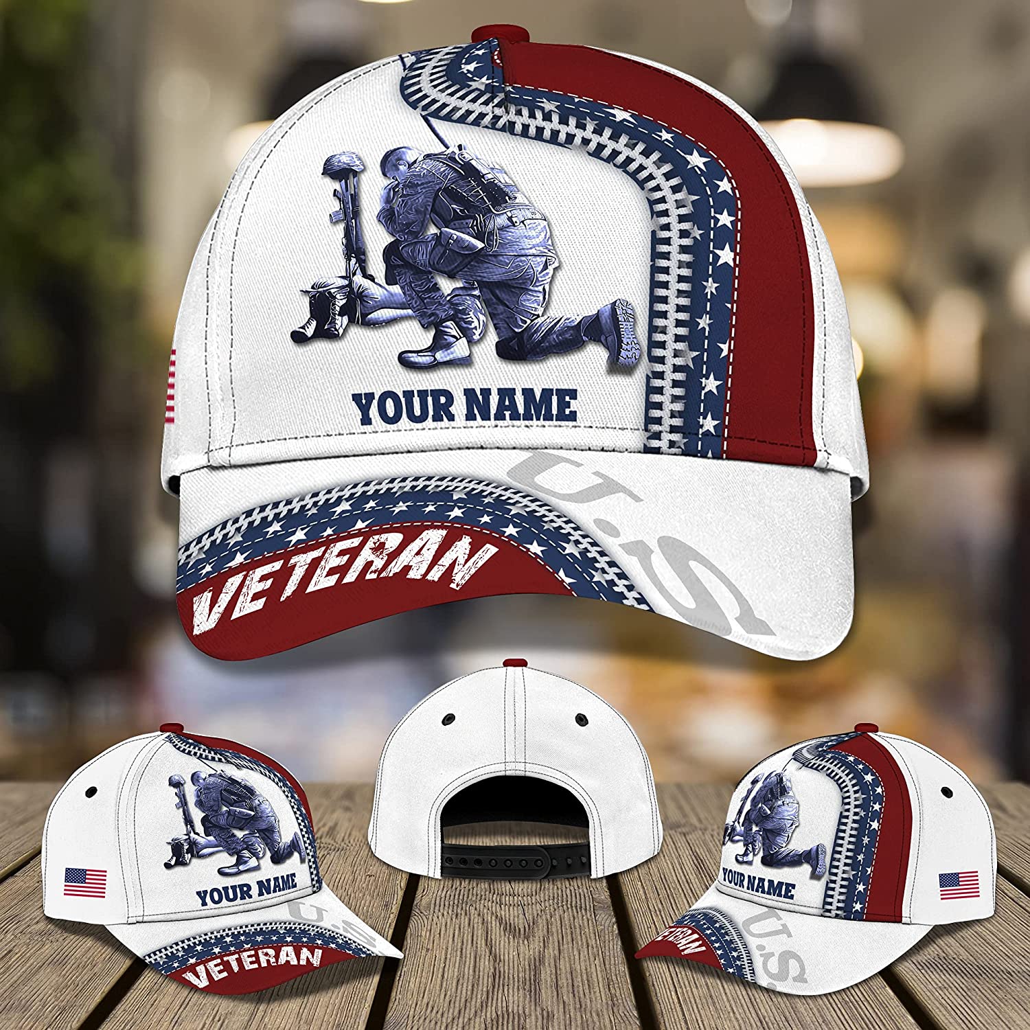 US Veteran Kneeling Soldier Personalized Cap 3D Patriotic Custom Name Hat, Gift For Veteran Day Trucker Hats Custom Hats Gifts For Men & Women