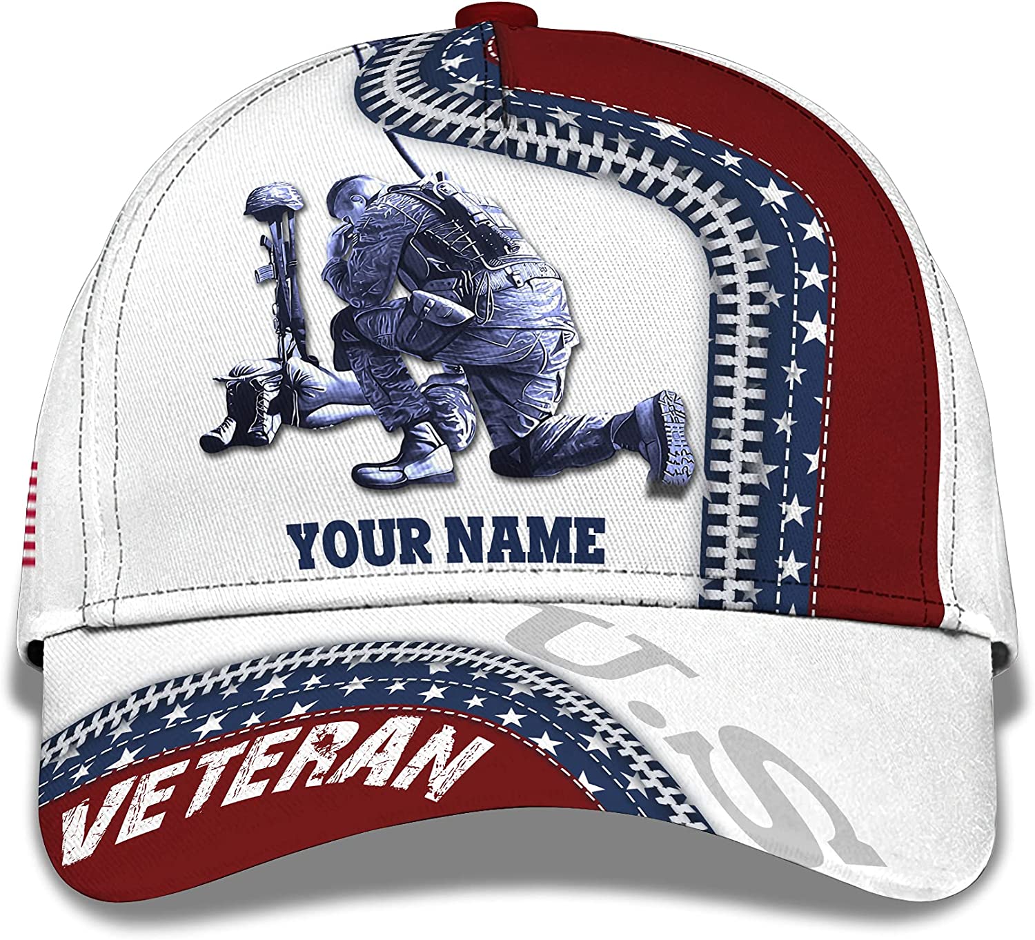 US Veteran Kneeling Soldier Personalized Cap 3D Patriotic Custom Name Hat, Gift For Veteran Day Trucker Hats Custom Hats Gifts For Men & Women