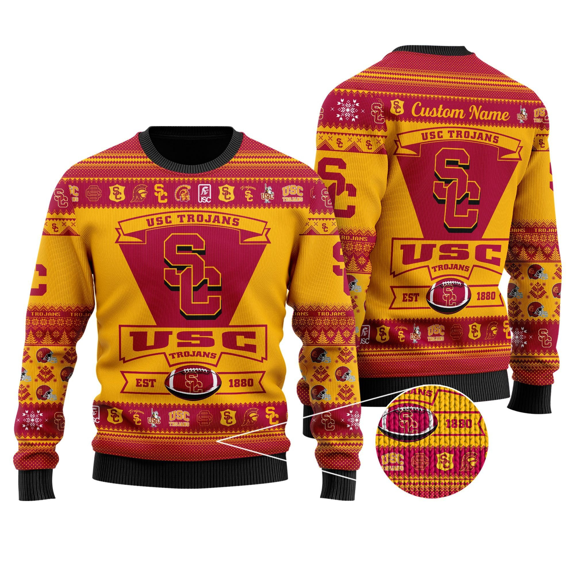 Usc Trojans Football Team Logo Custom Name Personalized Ugly Christmas Sweater Adult 3D Funny Matching for family