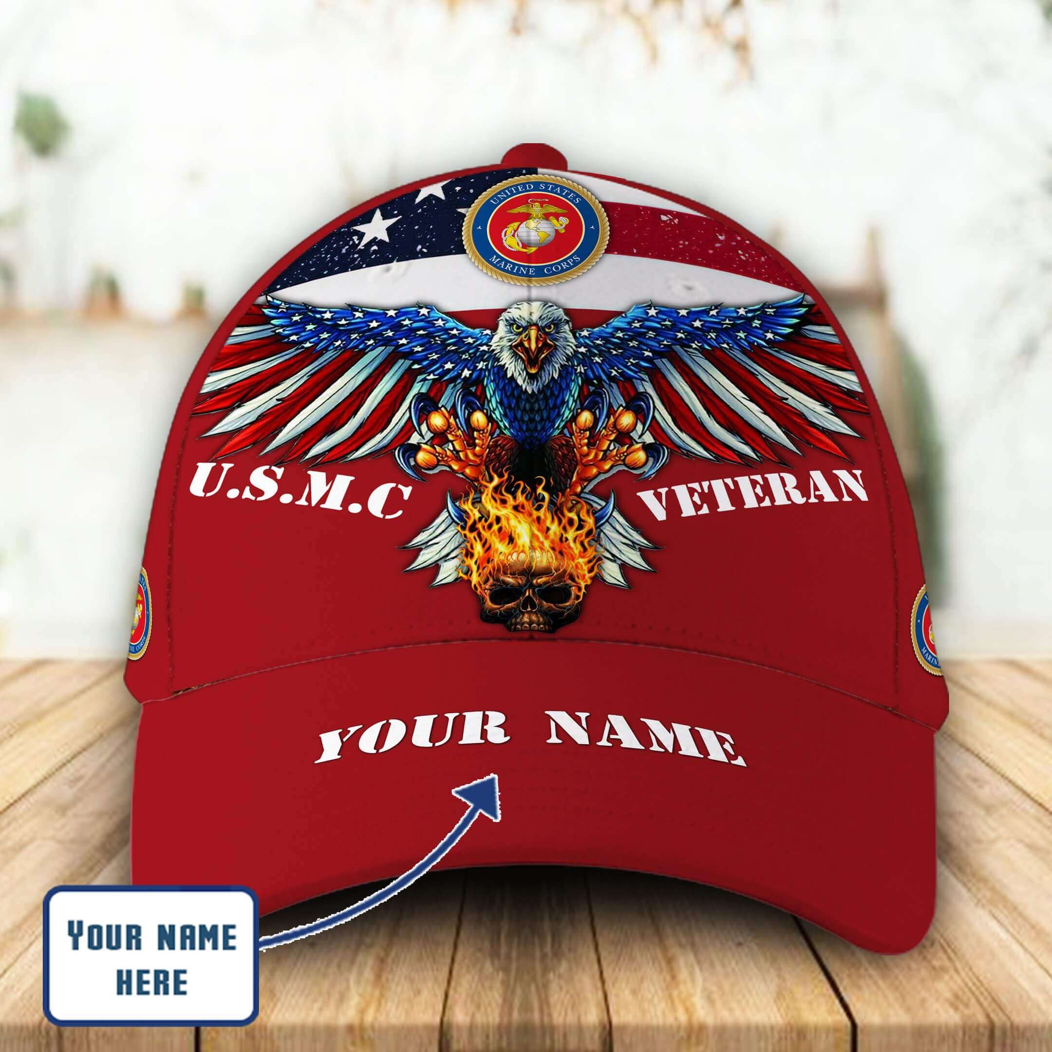 USMC Hat Marine Corps Baseball Cap Personalized Name Eagle Skull Design Marine Corps Veteran Hat Trucker Hats Custom Hats Gifts For Men & Women