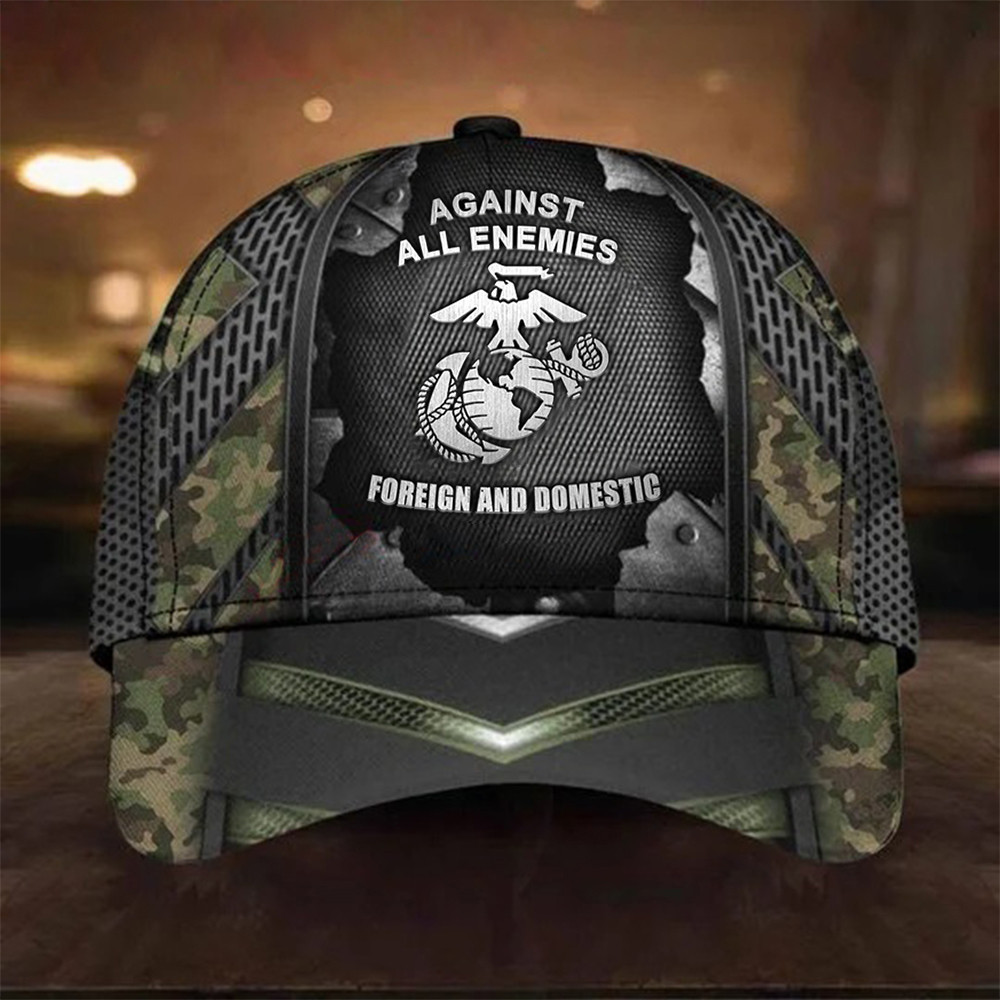 Usmc Marine Corps Camo Hat Against All Enemies Foreign And Domestic Marine Gifts For Him Classic Cap Trucker Hats Custom Hats Gifts For Men & Women
