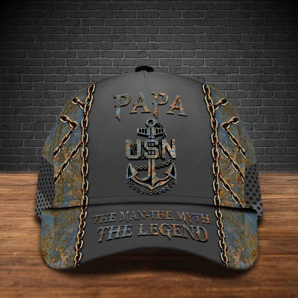 USN Logo Papa The Man The Myth The Legend Hat Proud Us Veteran Caps Gifts For Daddy Trucker Hats Custom Hats Gifts For Men & Women