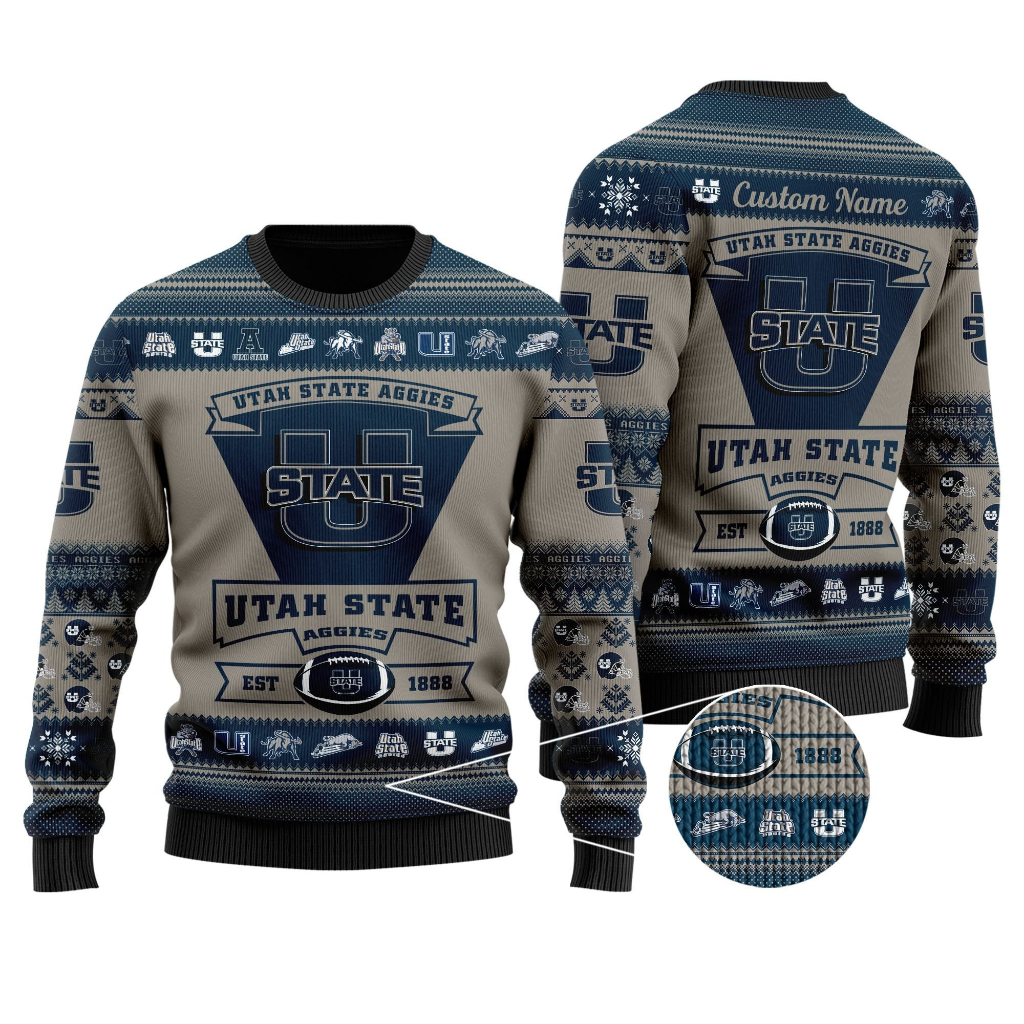 Utah State Aggies Football Team Logo Custom Name Personalized Ugly Christmas Sweater Adult 3D Funny Matching for family