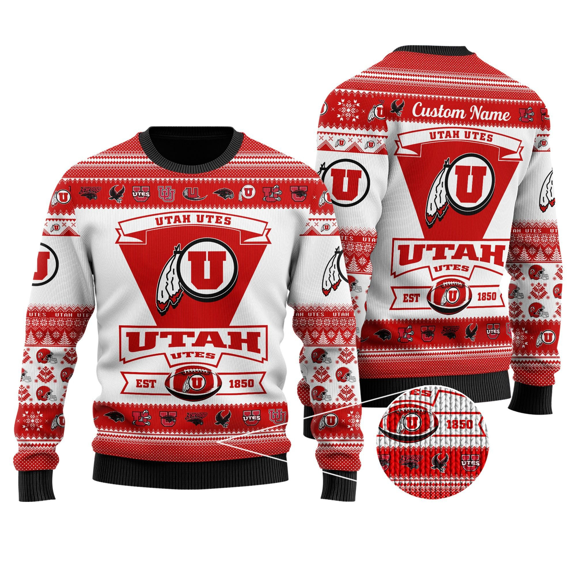 Utah Utes Football Team Logo Custom Name Personalized Ugly Christmas Sweater Adult 3D Funny Matching for family