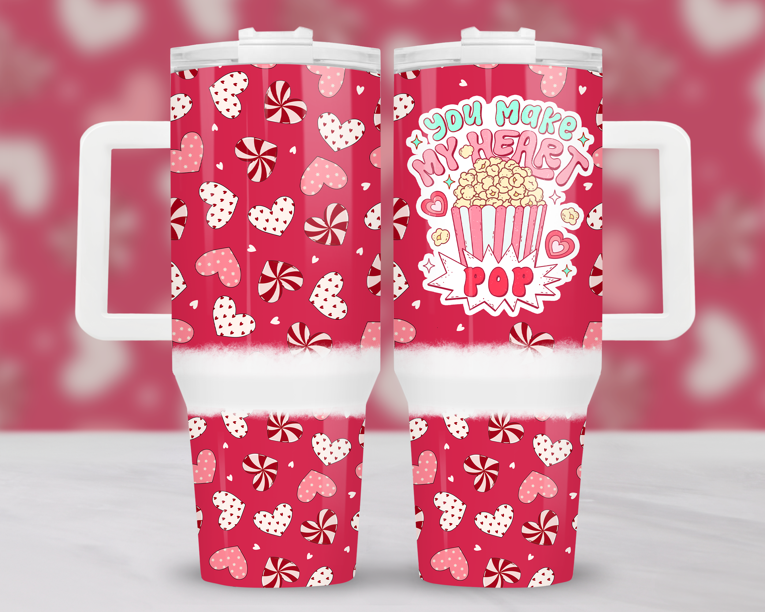 Valentine Popcorn And Hearts Custom Stanley Cup 40 oz 30 oz Tumbler With HandleTVC2301174