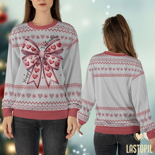 Valentines Day Coquette Bow Ugly Sweater, Happy Valentines Ugly Sweater - Image 11