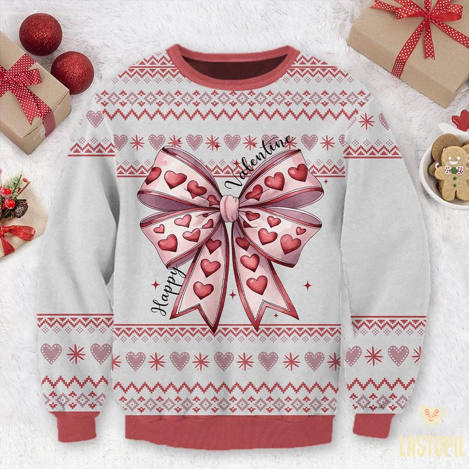 Valentines Day Coquette Bow Ugly Sweater, Happy Valentines Ugly Sweater - Image 2