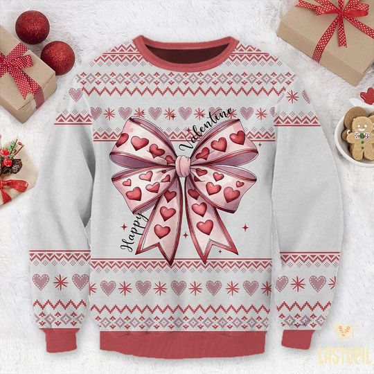 Valentines Day Coquette Bow Ugly Sweater, Happy Valentines Ugly Sweater - Image 9