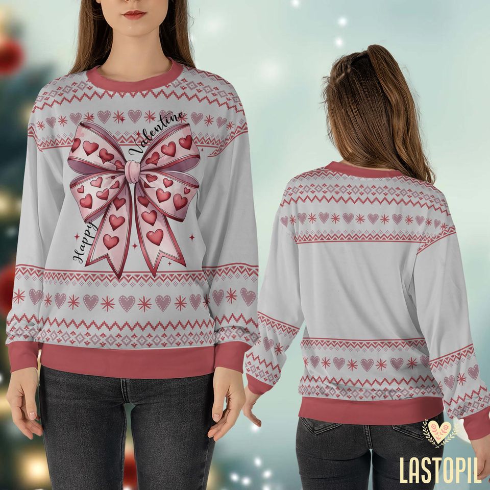Valentines Day Coquette Bow Ugly Sweater, Happy Valentines Ugly Sweater - Image 3