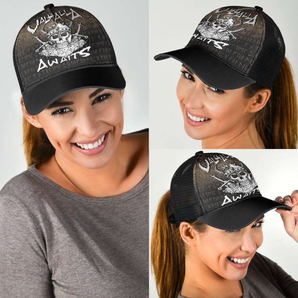 Valhalla Awaits Viking Skull Warrior Axe Mesh Back Cap Trucker Hats Custom Hats Gifts For Men & Women