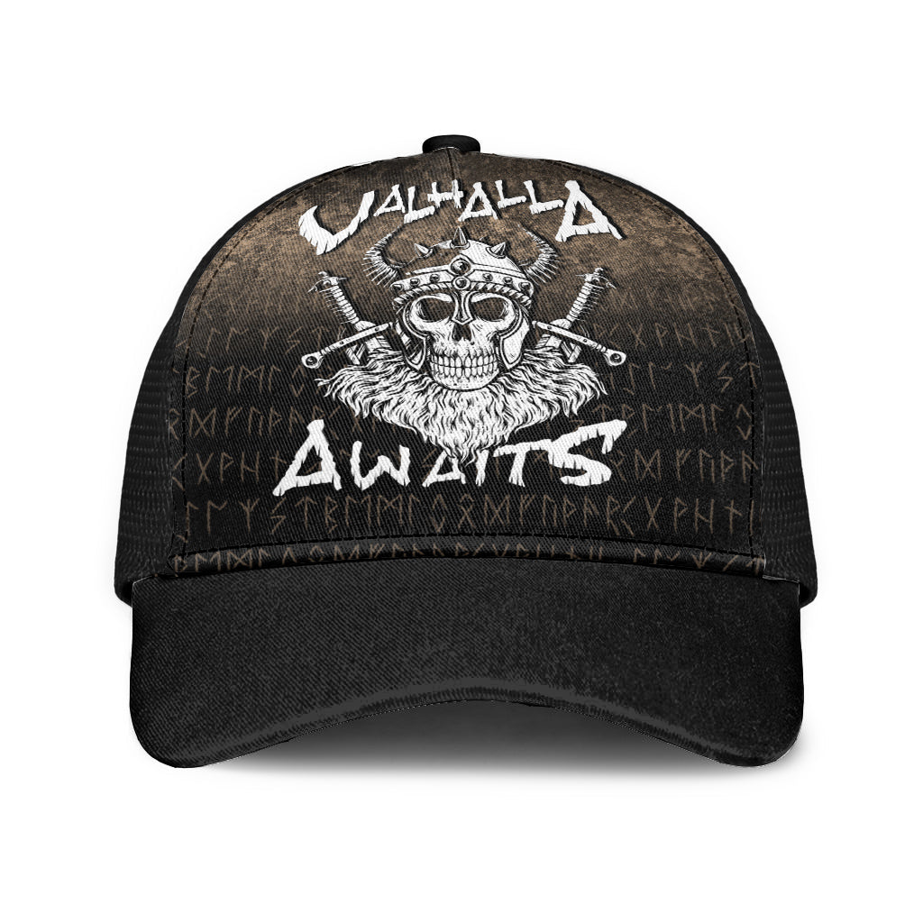 Valhalla Awaits Viking Skull Warrior Axe Mesh Back Cap Trucker Hats Custom Hats Gifts For Men & Women
