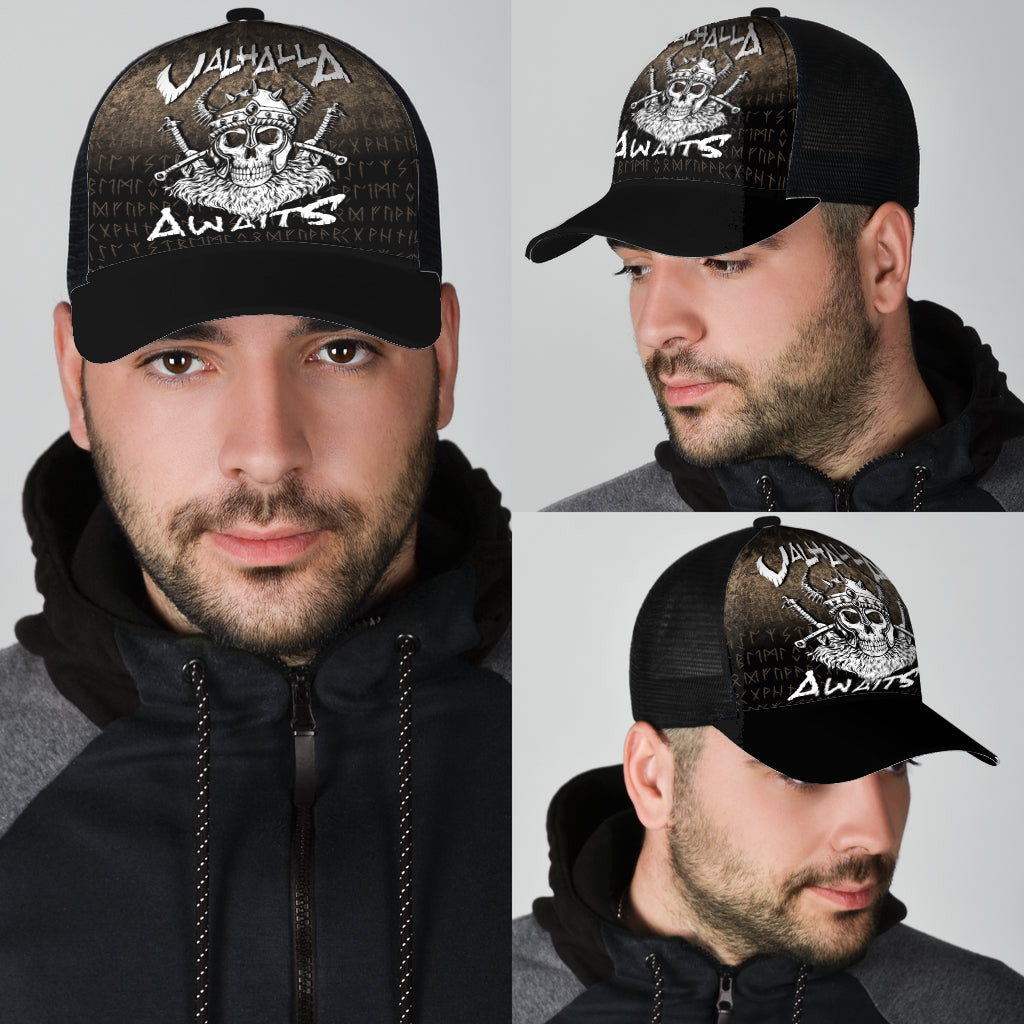 Valhalla Awaits Viking Skull Warrior Axe Mesh Back Cap Trucker Hats Custom Hats Gifts For Men & Women