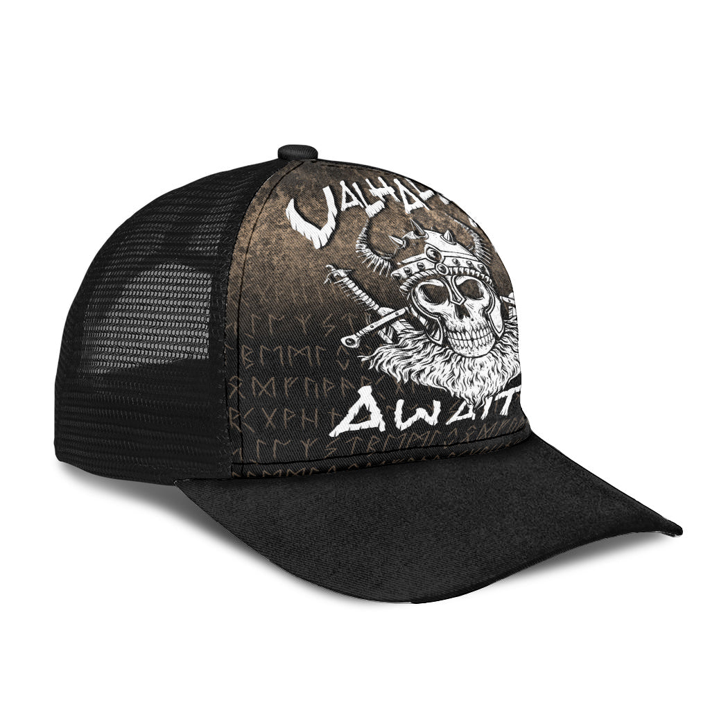 Valhalla Awaits Viking Skull Warrior Axe Mesh Back Cap Trucker Hats Custom Hats Gifts For Men & Women