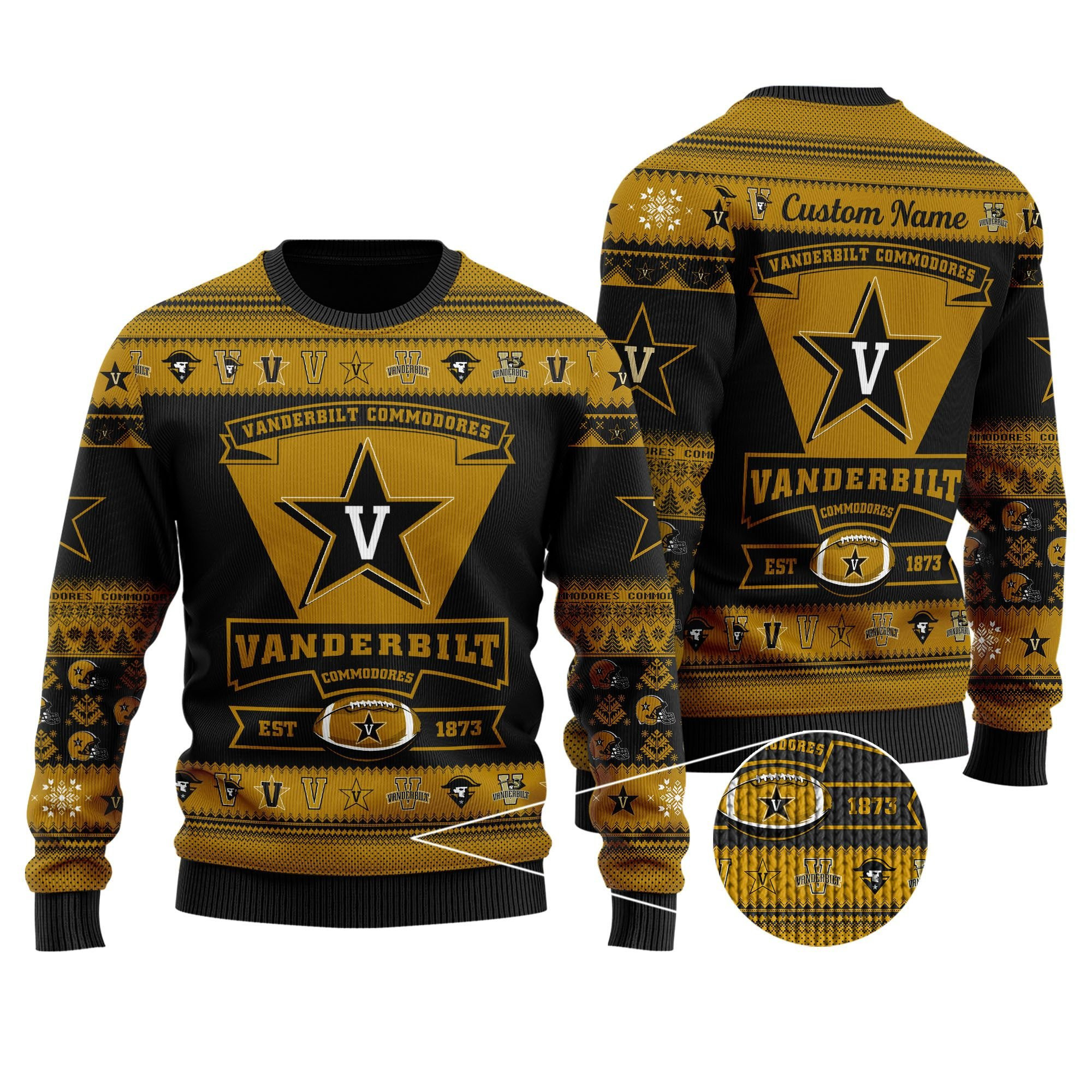 Vanderbilt Commodores Football Team Logo Personalized Ugly Christmas Sweater Adult 3D Funny Matching for family
