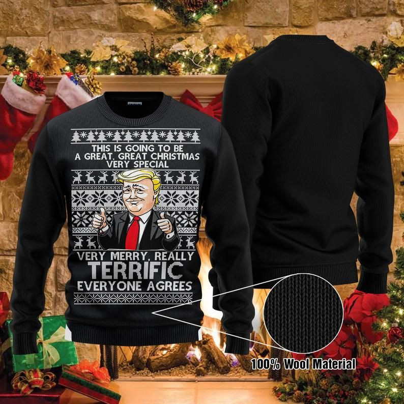 Very Merry Really Terrific Trump Donald President Ugly Christmas Sweater Adult 3D Funny Matching for family