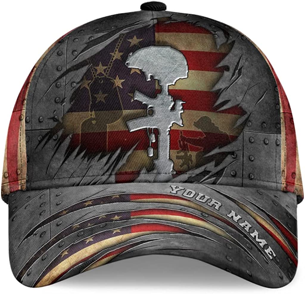 Veteran American Flag Crack Metal Personalized Custom Cap All Over Print Hat, Gift For Veteran Grandpa Dad Husband Trucker Hats Custom Hats Gifts For Men & Women