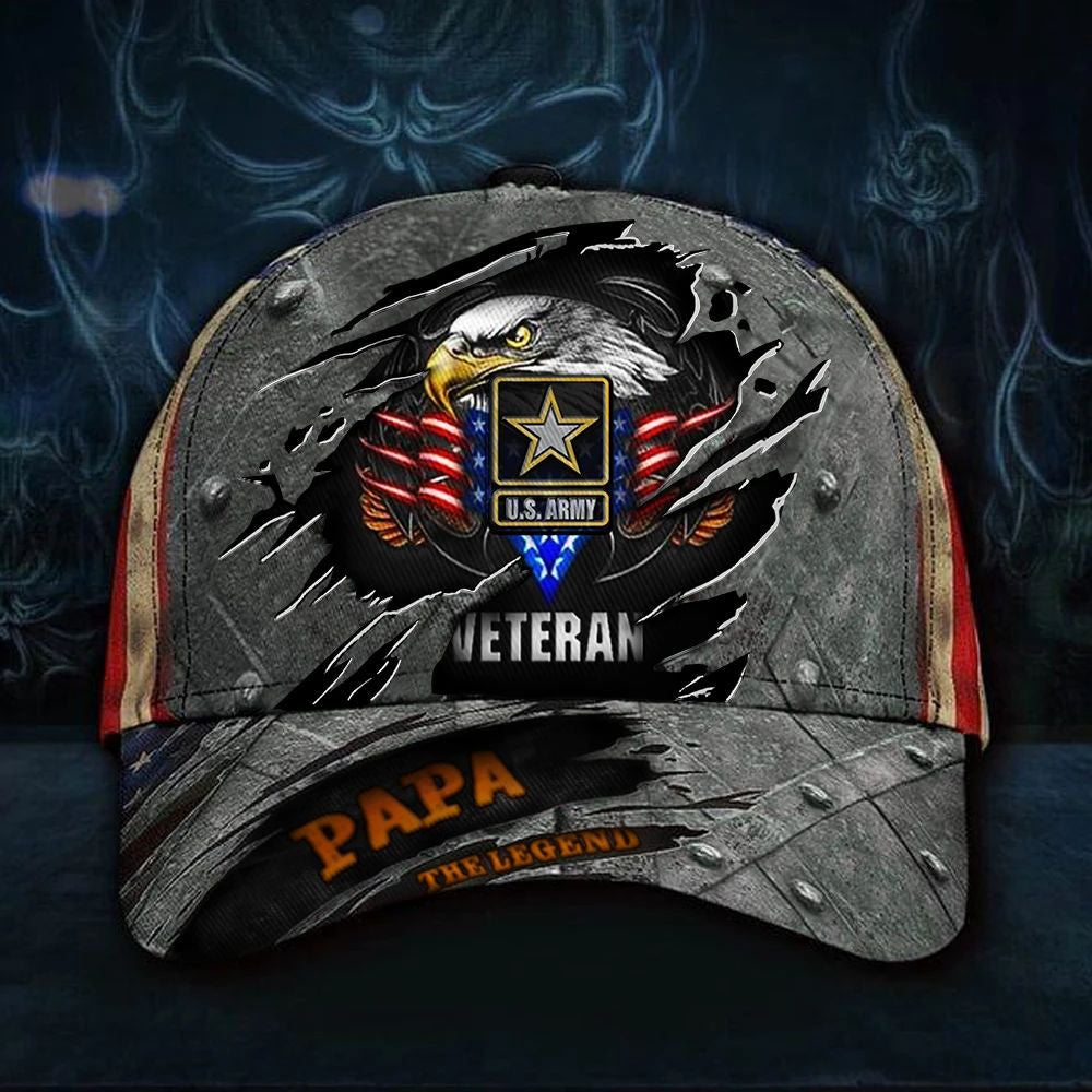 Veteran American Flag Hat Proud US Military Army Veteran Papa Legend 3D Hat USA Flag Cap Vintage Dad Army Veteran Gift For Grandfather Hat Classic Cap Trucker Hats Custom Hats Gifts For Men & Women