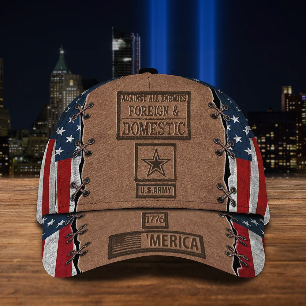 Veteran American Flag Hat Proud US Military US Army 1776 'Merica Cap Against All Enemies Foreign & Domestic Army Veteran Day Gift Hat Classic Cap Trucker Hats Custom Hats Gifts For Men & Women