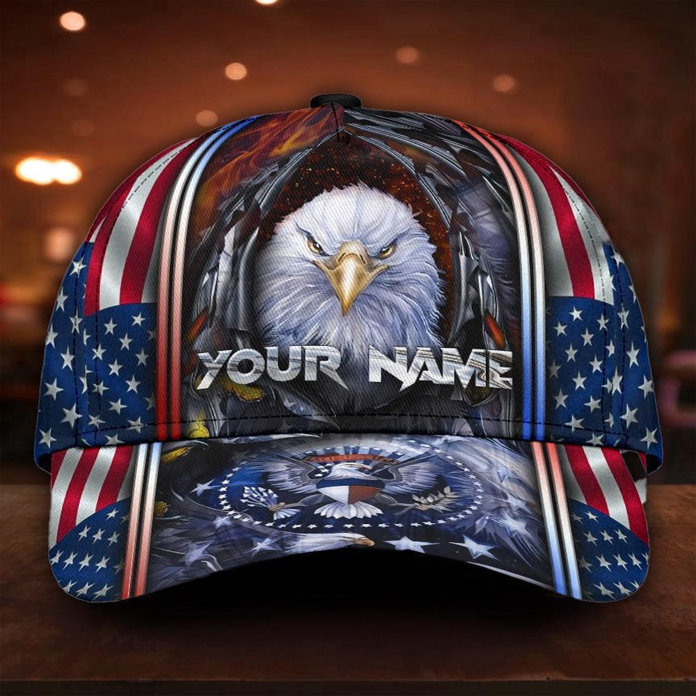 Veteran Cap, Custom Name Proud American Eagle And USA Flag Classic Cap Trucker Hats Custom Hats Gifts For Men & Women