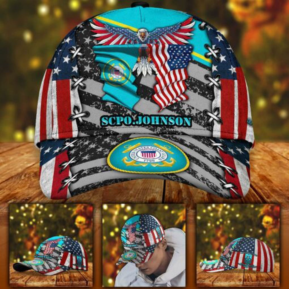Veteran Cap, Us Coast Guard Military Veteran Cap Eagle American Flag Custom Classic Cap Trucker Hats Custom Hats Gifts For Men & Women