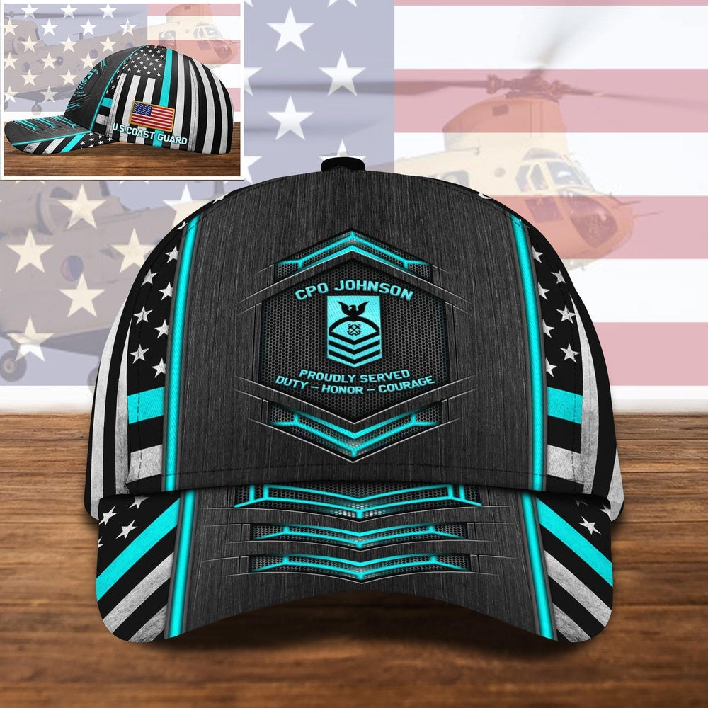 Veteran Cap, US Coast Guard US Military Ranks US Veteran Cap All Over Printed Custom Text And Rank Trucker Hats Custom Hats Gifts For Men & Women