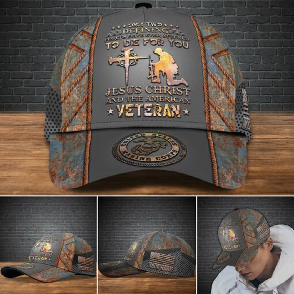 Veteran Cap, Us Marine Corps Military Veteran Cap, Custom Cap Jesus Christ And The American Trucker Hats Custom Hats Gifts For Men & Women