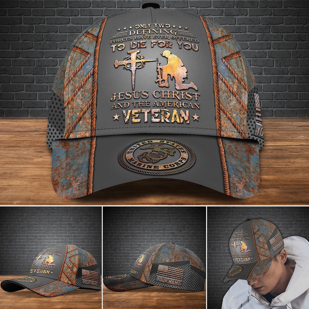 Veteran Cap, Us Marine Corps Military Veteran Cap, Custom Cap Jesus Christ And The American Trucker Hats Custom Hats Gifts For Men & Women