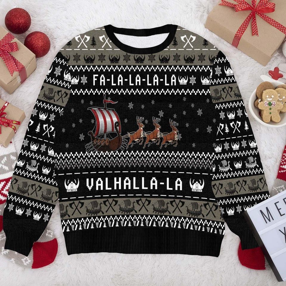 Viking Christmas Sweater - Funny Valhalla-la-la Ugly Xmas Sweater -