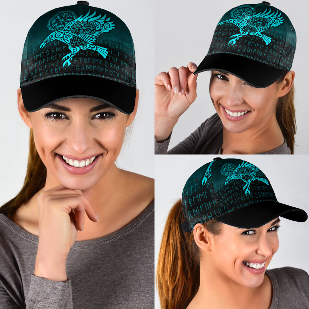 Viking Classic Cap Raven Vegvisir Tattoo Cyan Version Classic Cap RLT12 Trucker Hats Custom Hats Gifts For Men & Women