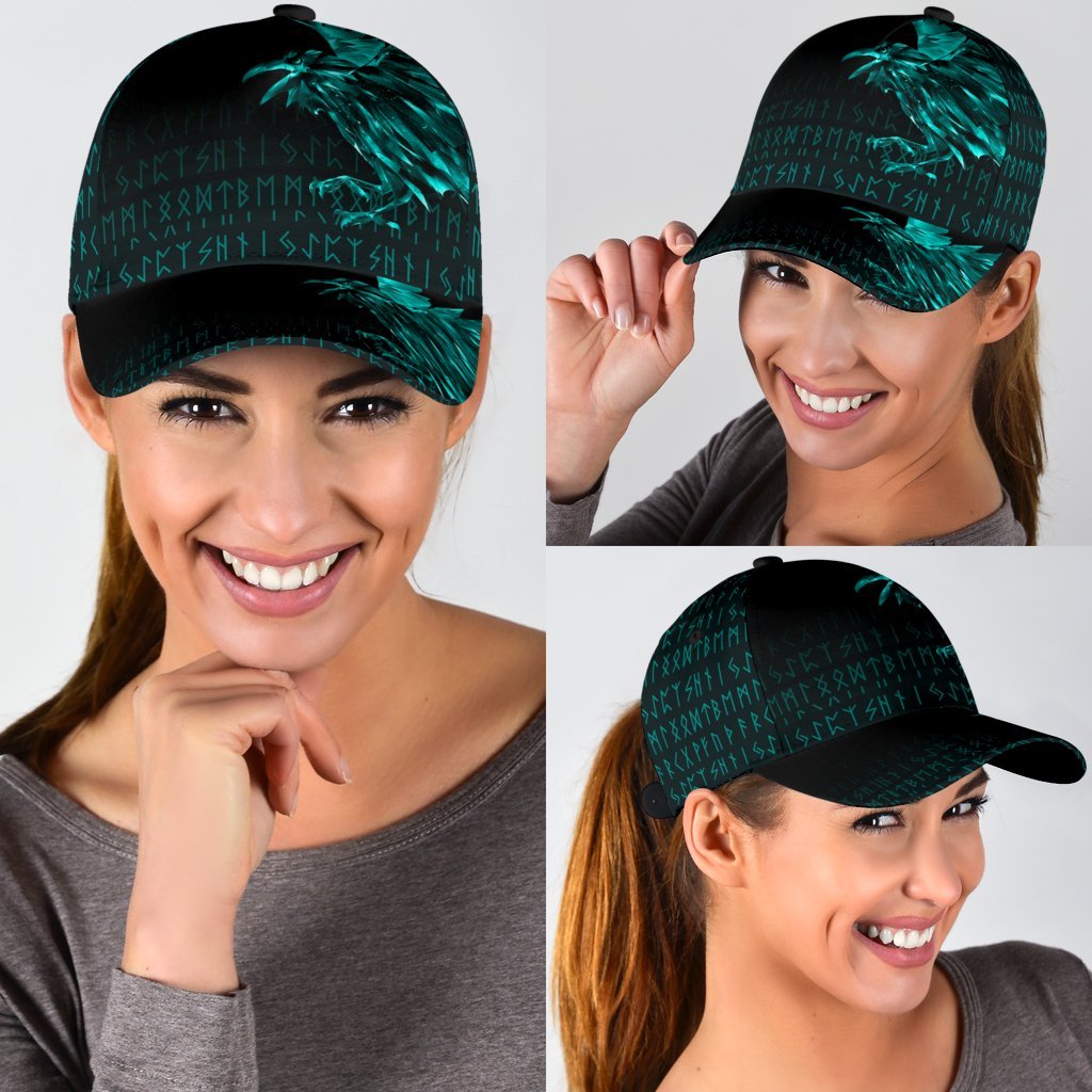 Viking Classic Cap The Raven Of Odin Rune Cyan RLT12 Trucker Hats Custom Hats Gifts For Men & Women