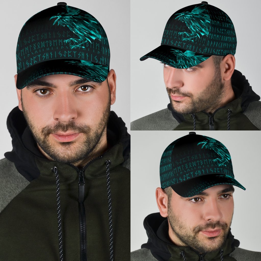 Viking Classic Cap The Raven Of Odin Rune Cyan RLT12 Trucker Hats Custom Hats Gifts For Men & Women