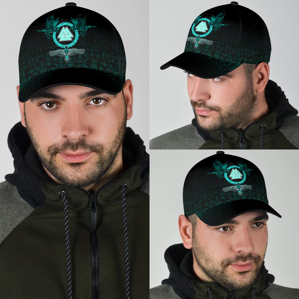 Viking Classic Cap Three Raven and Valknut Cyan RLT12 Trucker Hats Custom Hats Gifts For Men & Women