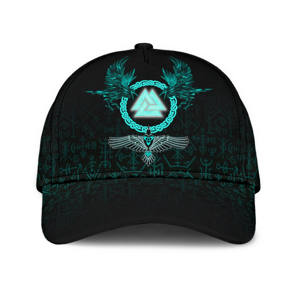 Viking Classic Cap Three Raven and Valknut Cyan RLT12 Trucker Hats Custom Hats Gifts For Men & Women
