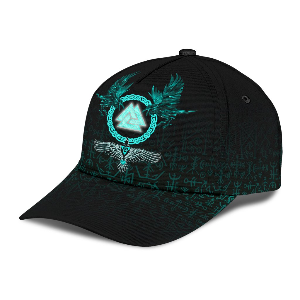 Viking Classic Cap Three Raven and Valknut Cyan RLT12 Trucker Hats Custom Hats Gifts For Men & Women