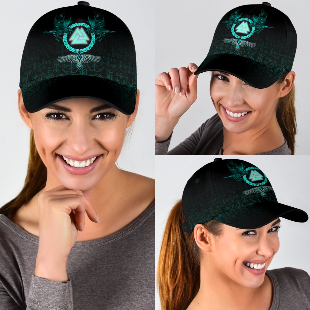 Viking Classic Cap Three Raven and Valknut Cyan RLT12 Trucker Hats Custom Hats Gifts For Men & Women