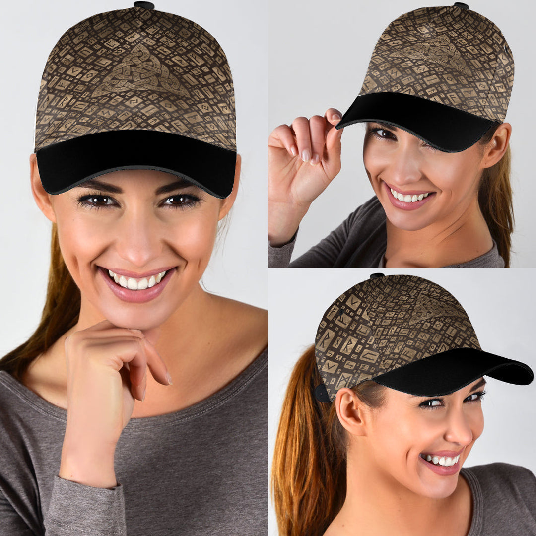 Viking Classic Cap Triquetra and Runic Alphabet Wood and Gold Classic Cap RLT12 Trucker Hats Custom Hats Gifts For Men & Women