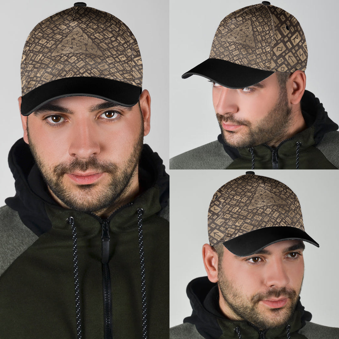 Viking Classic Cap Triquetra and Runic Alphabet Wood and Gold Classic Cap RLT12 Trucker Hats Custom Hats Gifts For Men & Women