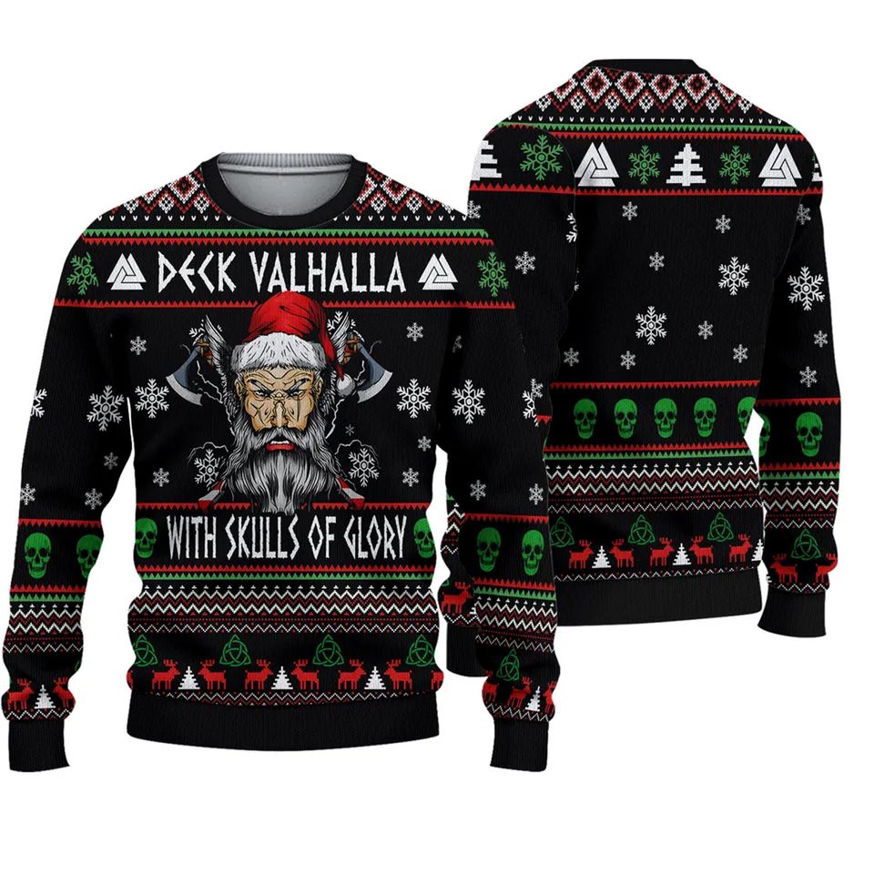 Viking Deck Valhalla With Skulls Of Glory Ugly Christmas Sweater