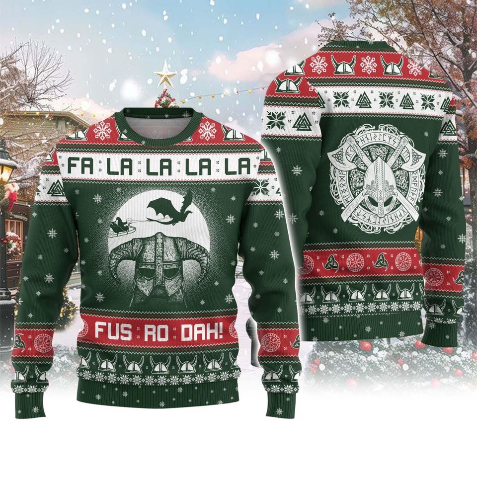 Viking Dragon Christmas Ugly Sweater, Valhalla Awaits Christmas Sweater
